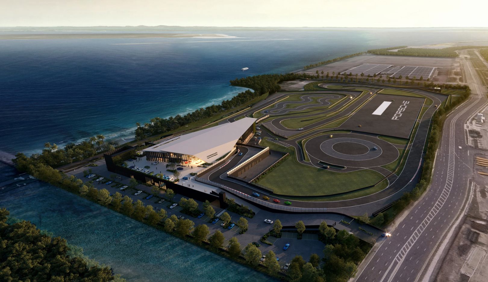Official Porsche artist's impression of the Porsche Experience Centre Singapore beside its handling circuit.