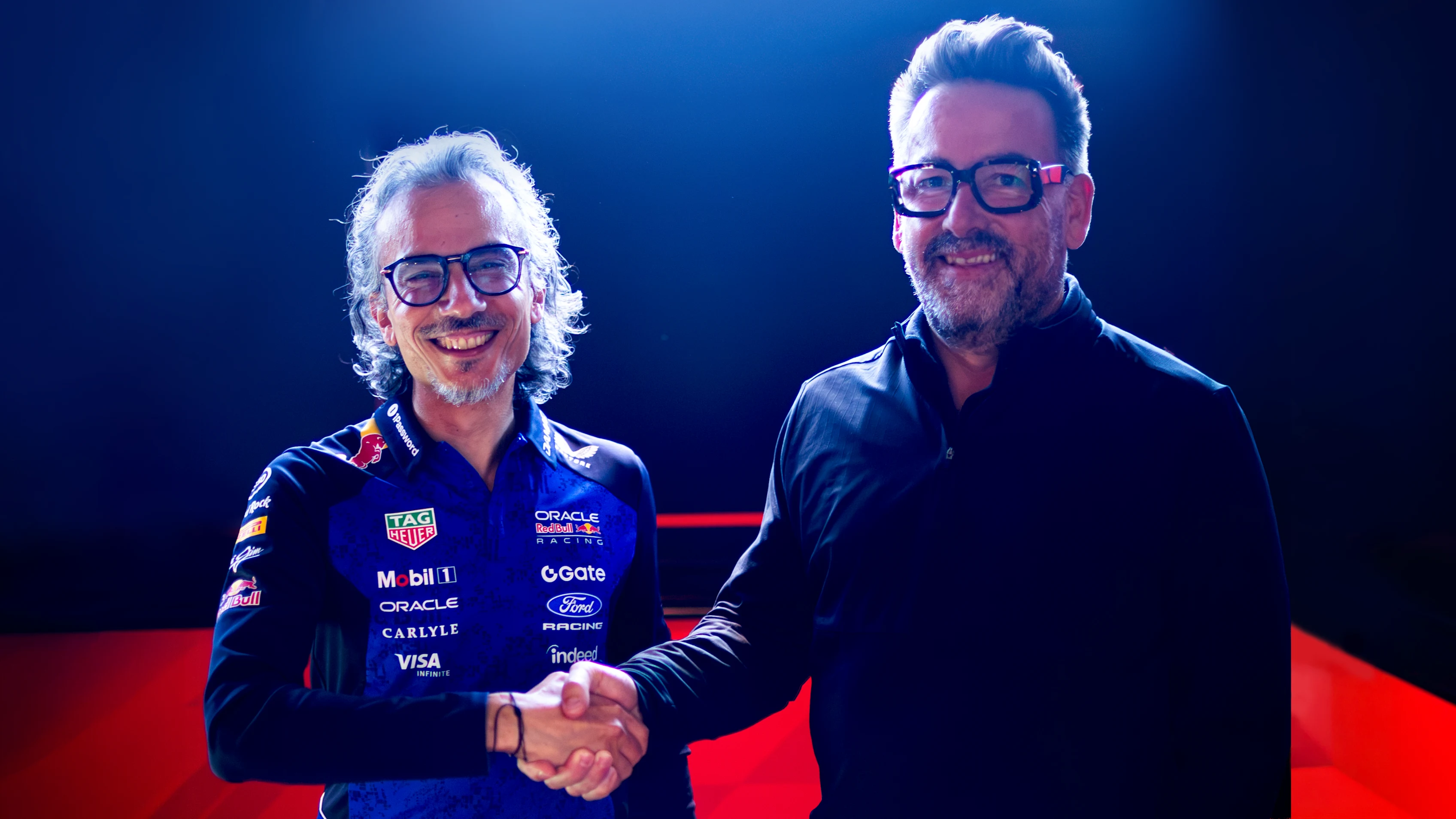 Gwen Lagrue and Laurent Mekies pictured after Red Bull's junior programme appointment announcement.