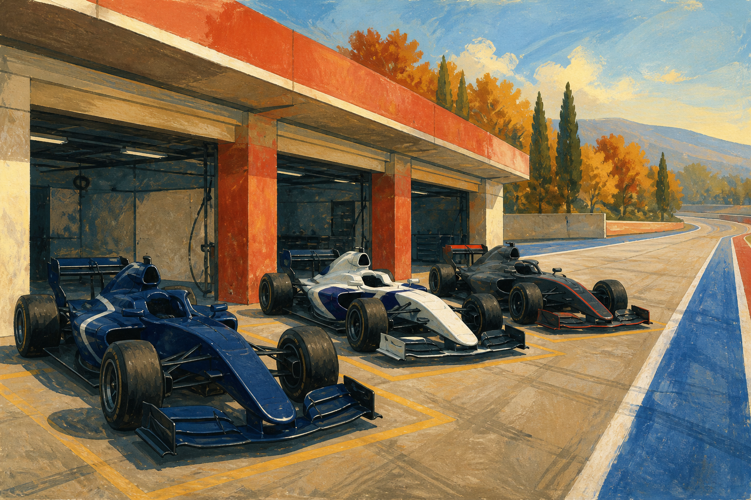 Hand-painted editorial illustration of three fictional unbranded open-wheel cars waiting in an Italian pit lane.