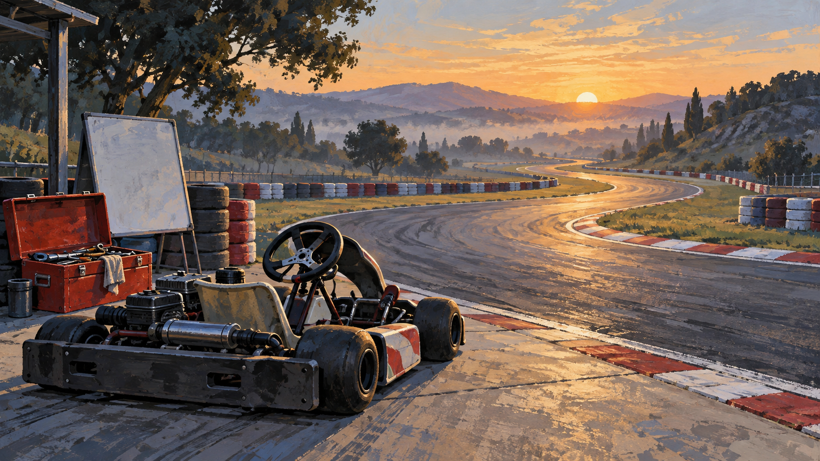 Hand-painted editorial illustration of an empty, fictional unbranded kart beside an open toolbox at sunrise, facing a winding circuit.