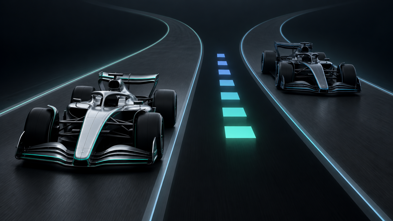 Generated editorial 3D illustration of two fictional unbranded silver and graphite open-wheel cars on diverging dark lanes, separated by an abstract glowing block gauge.
