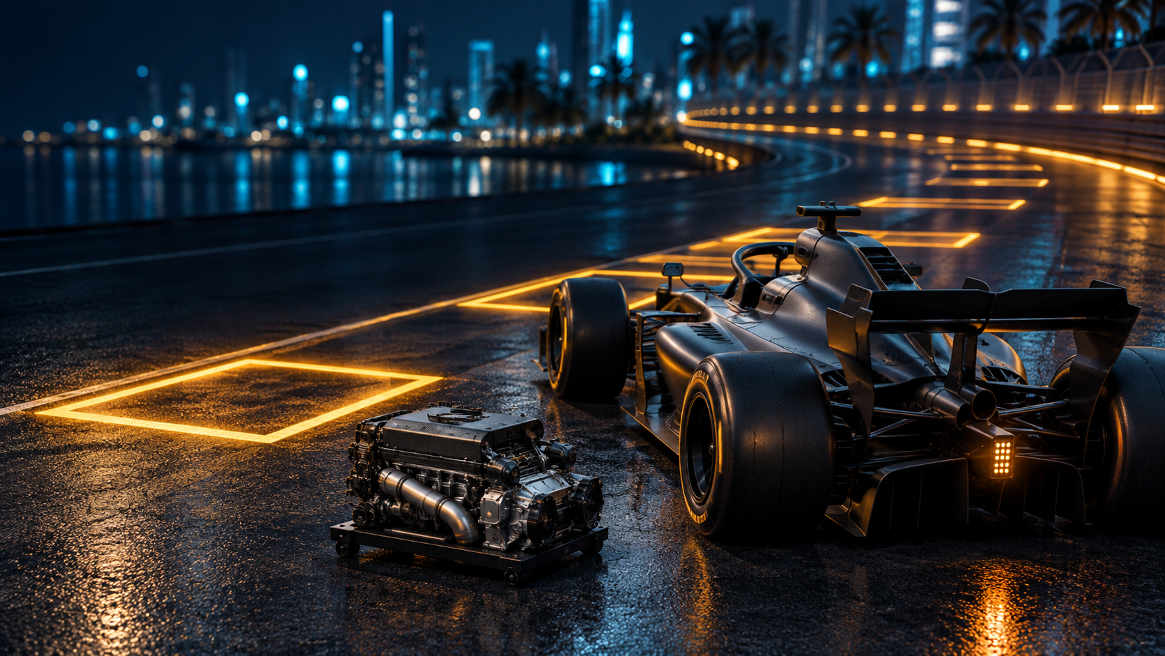 Fictional 3D editorial illustration of an unbranded graphite open-wheel car beside a detached power-unit module on an abstract illuminated night circuit.
