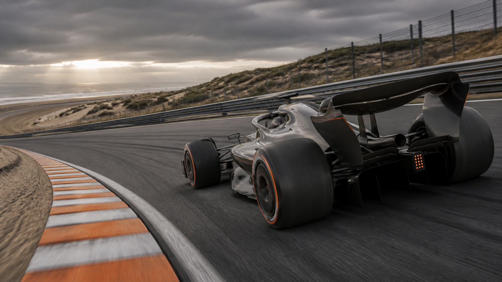 Editorial illustration of a fictional unbranded open-wheel car on a banked coastal racing circuit.
