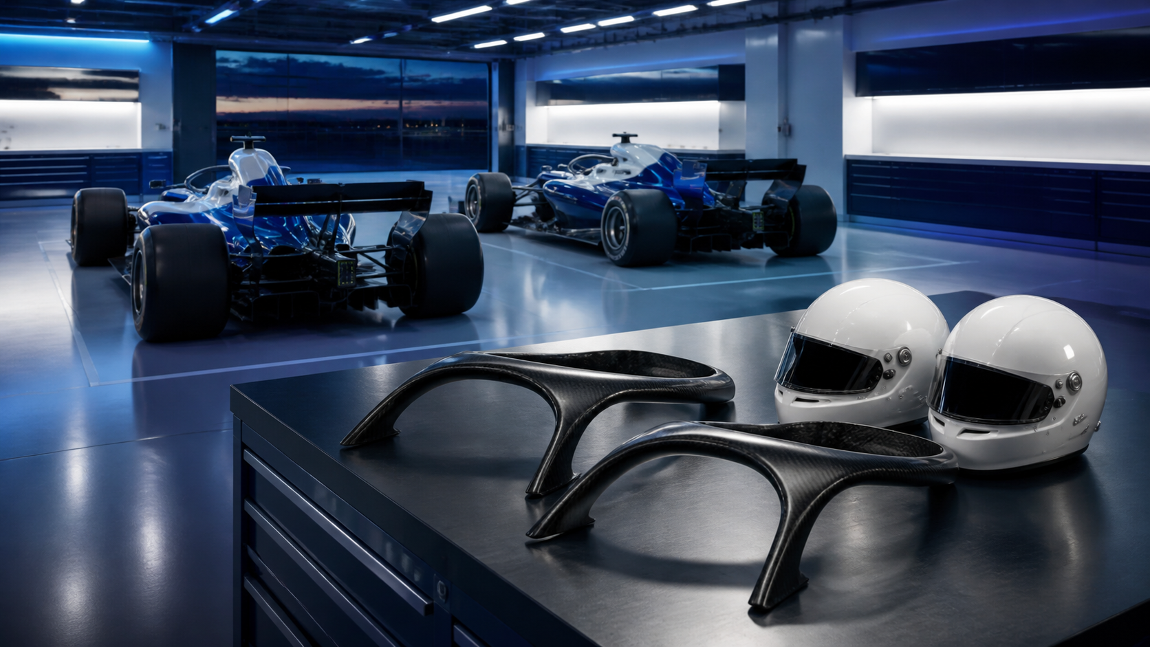 A clearly editorial, fictional race workshop scene with two generic blue-and-white single-seaters and two plain helmets; no people or team branding are shown.