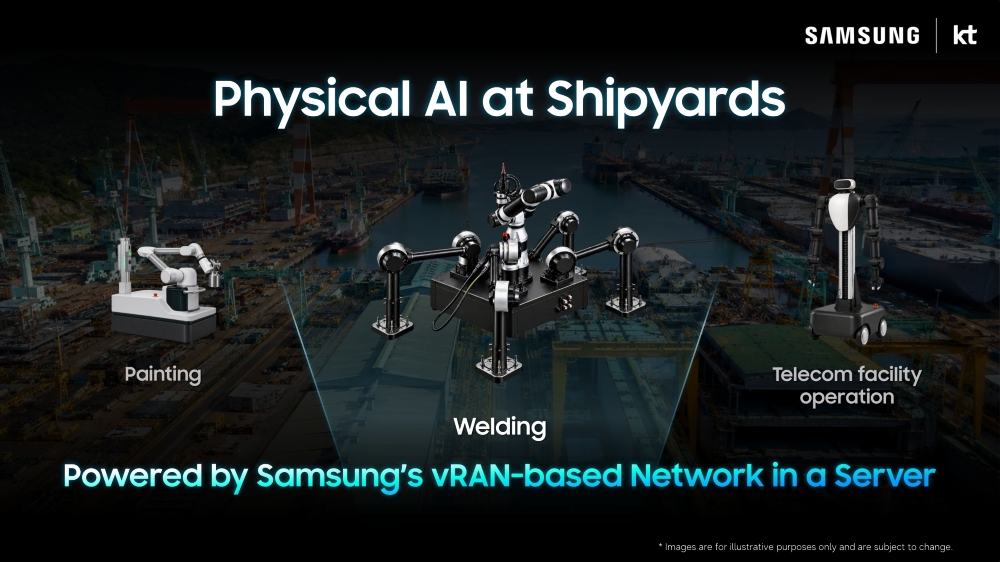 Samsung illustration of an AI-RAN network supporting a quadruped welding robot in an industrial setting.