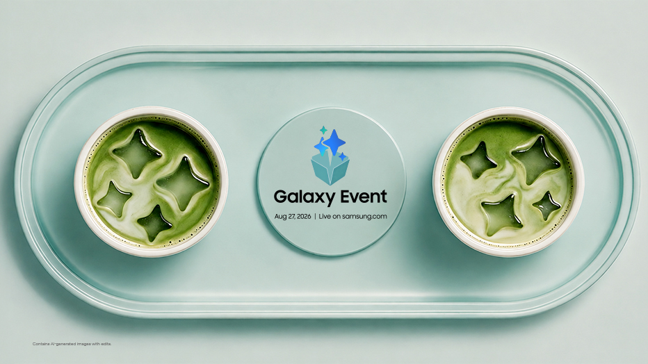 Samsung Galaxy Event August 2026 invitation graphic with three green drinks.