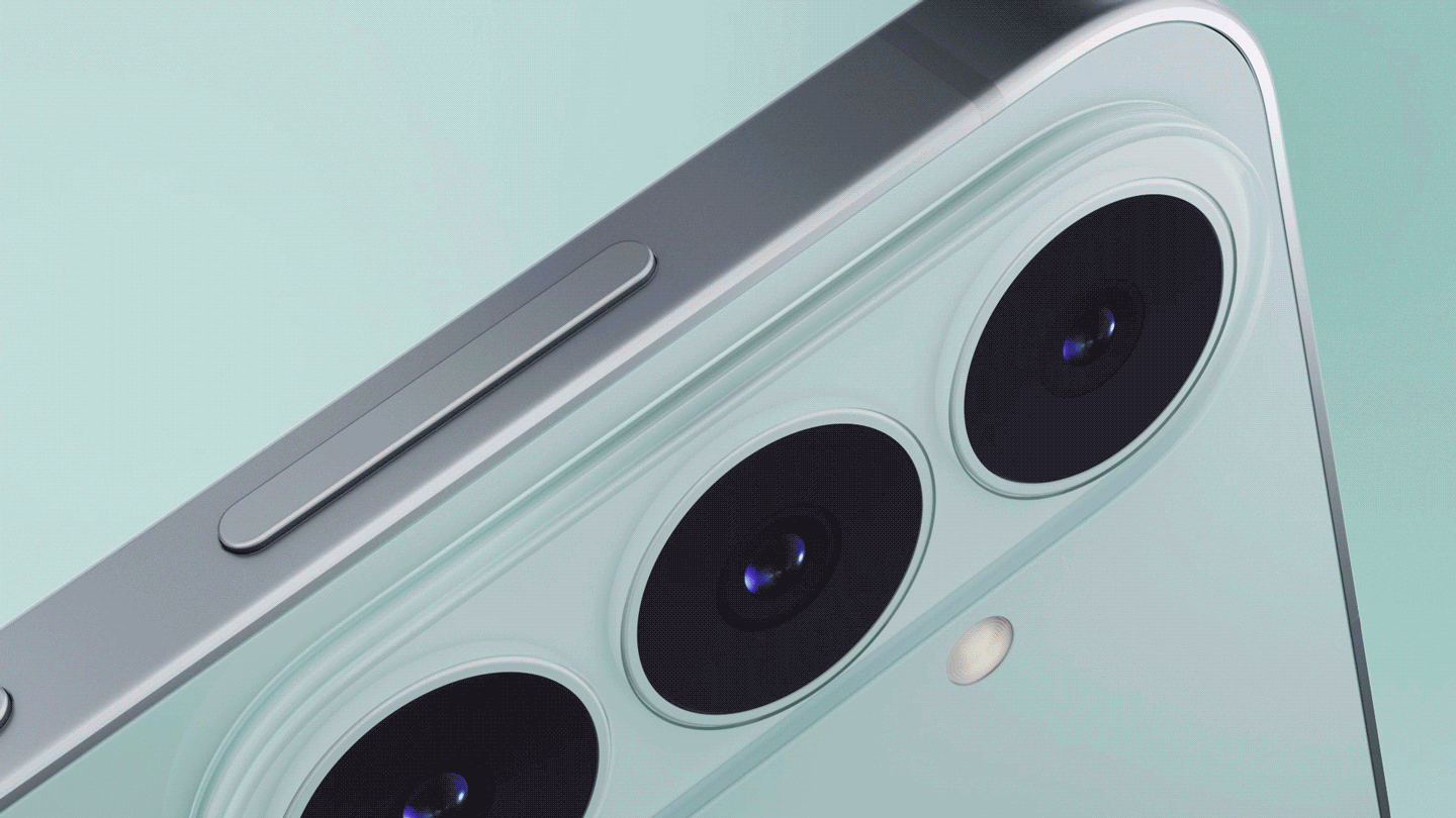 Official Samsung animation showing two pistachio Galaxy S26 FE phones.