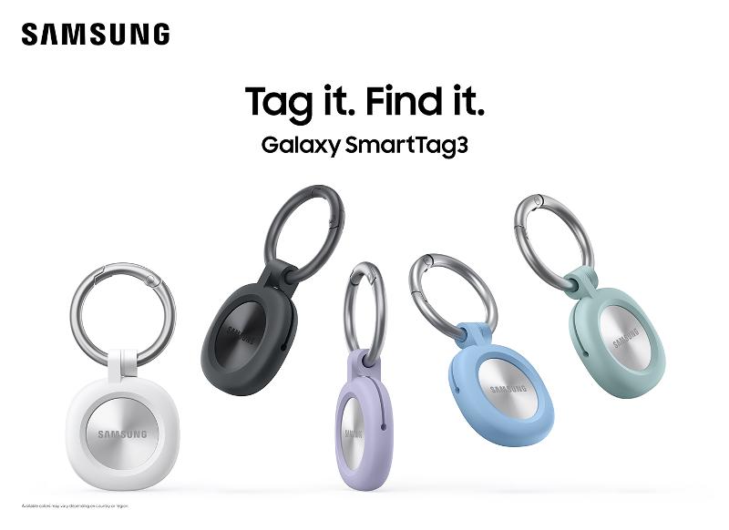 Official Samsung image of Galaxy SmartTag3 trackers in several colors.