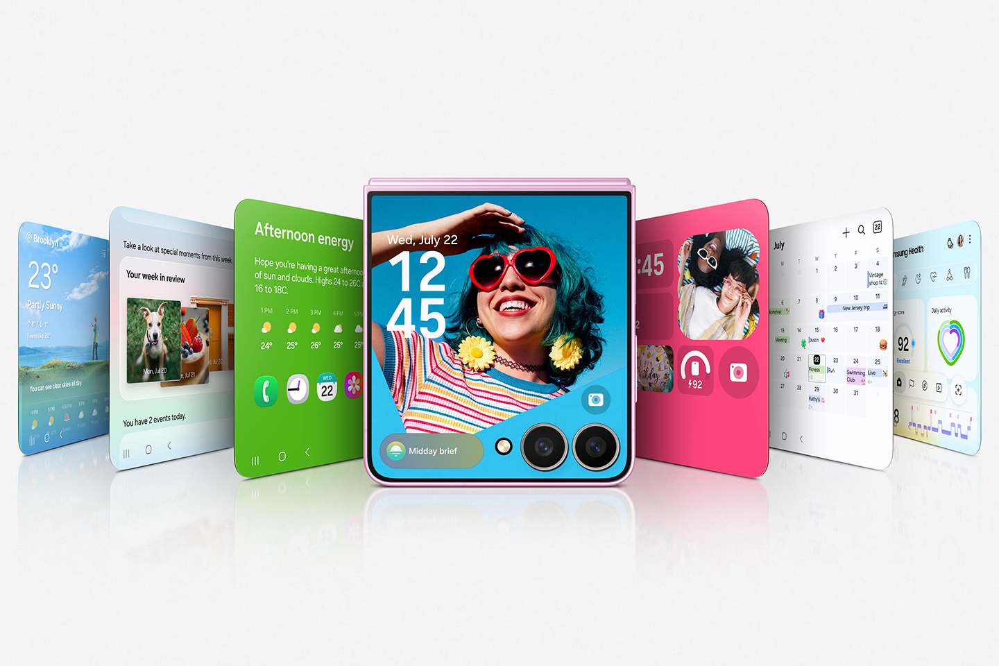 Samsung graphic showing the Galaxy Z Flip8 FlexWindow with quick information cards.