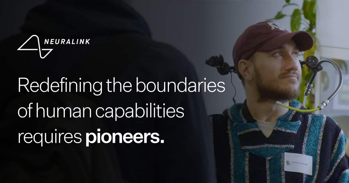 Neuralink promotional image about human capabilities and brain computer interfaces.