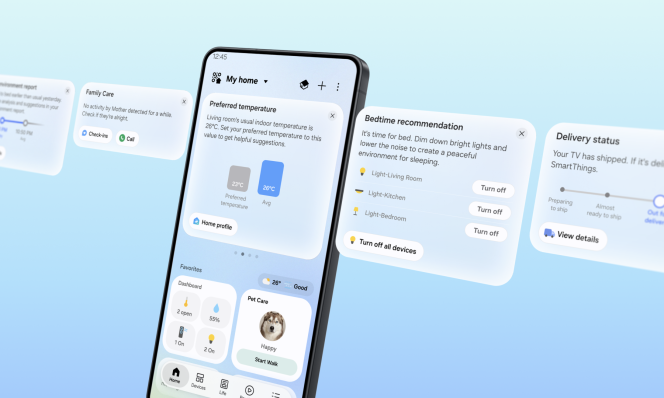 Samsung SmartThings Now cards shown above connected-home controls in the redesigned app.