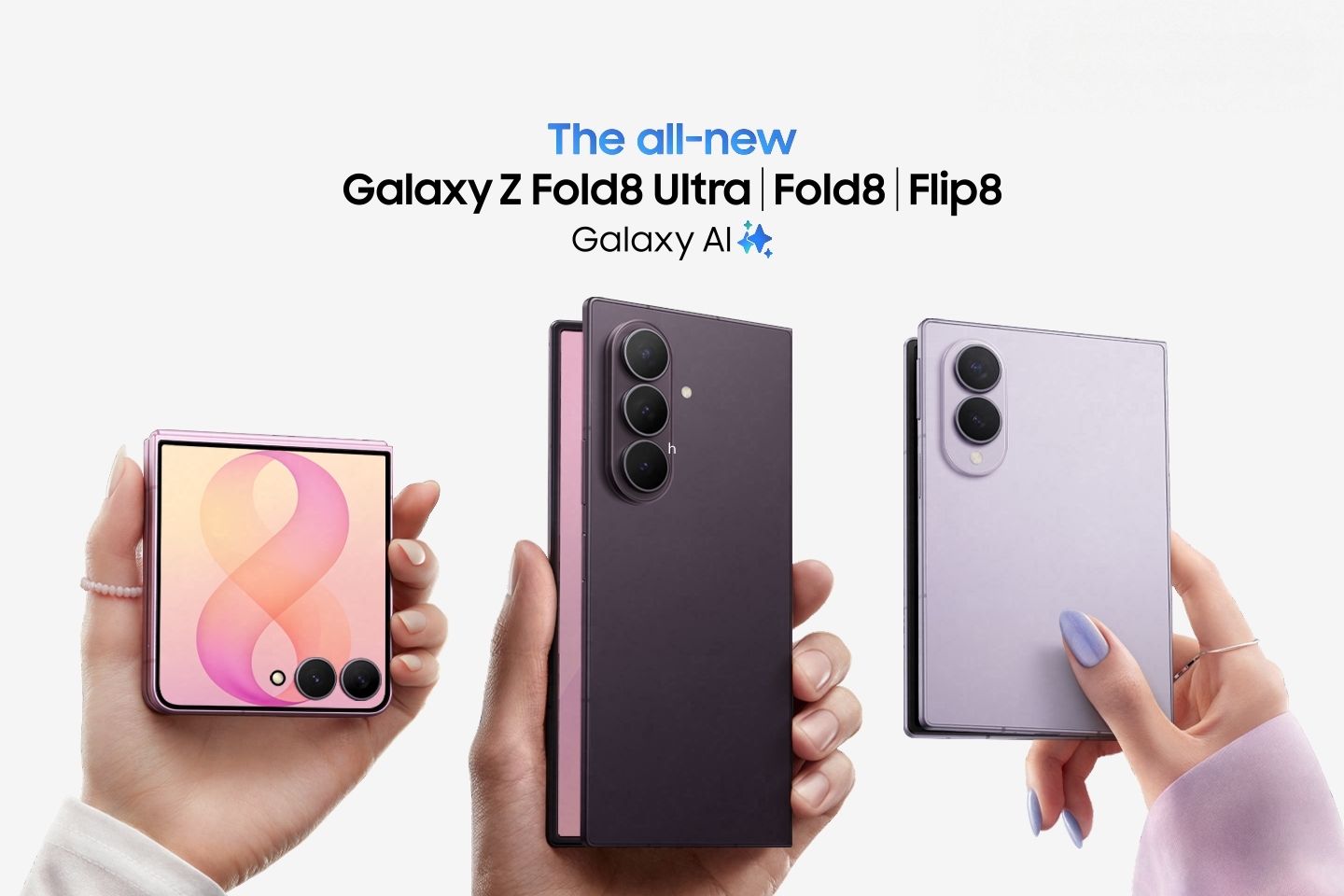 Galaxy Z Flip8, Galaxy Z Fold8 and Galaxy Z Fold8 Ultra shown together in Samsung's official launch image.