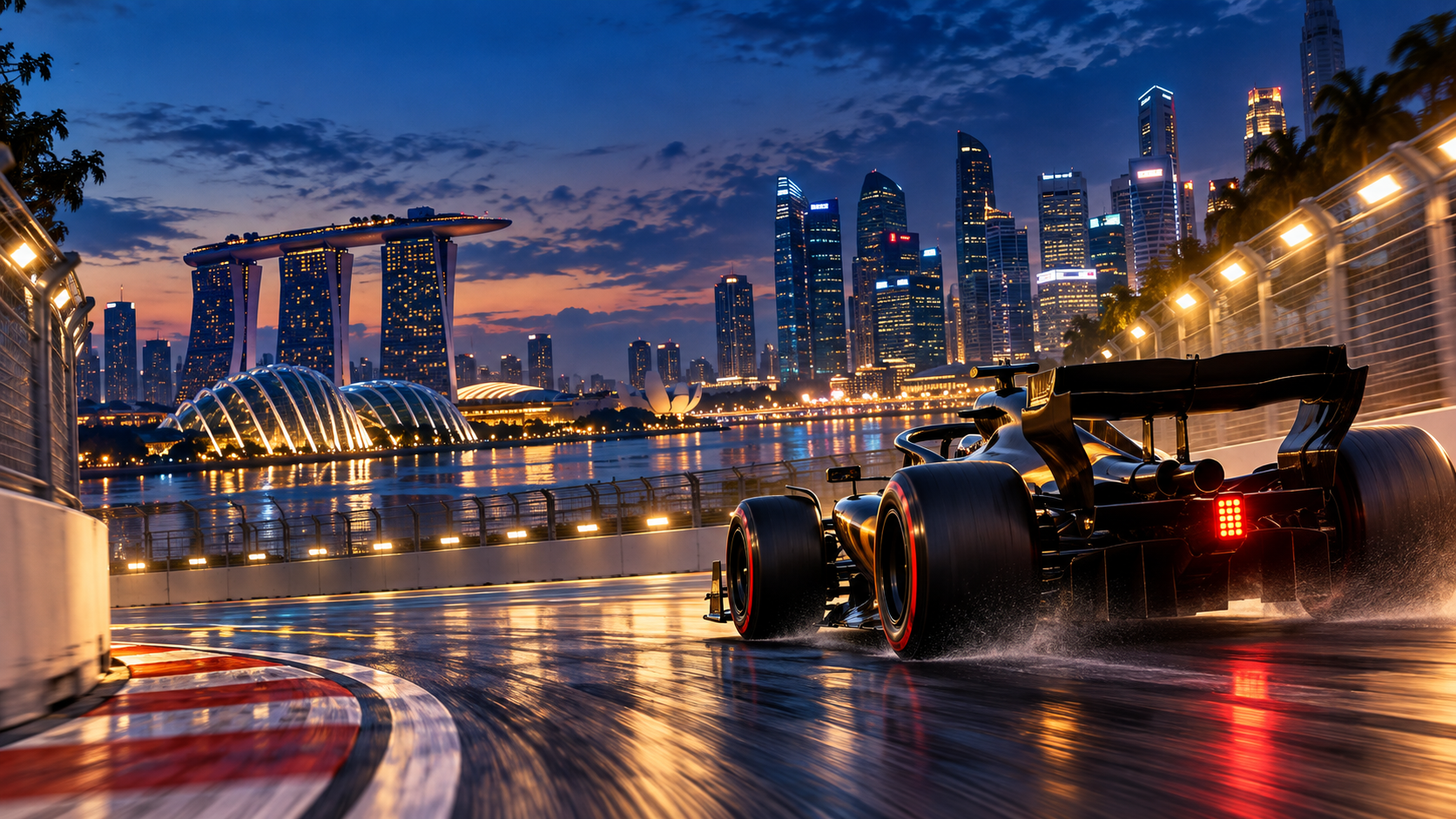 Original GearPulse editorial illustration of an unbranded Formula 1 car at a floodlit Marina Bay street-circuit corner.