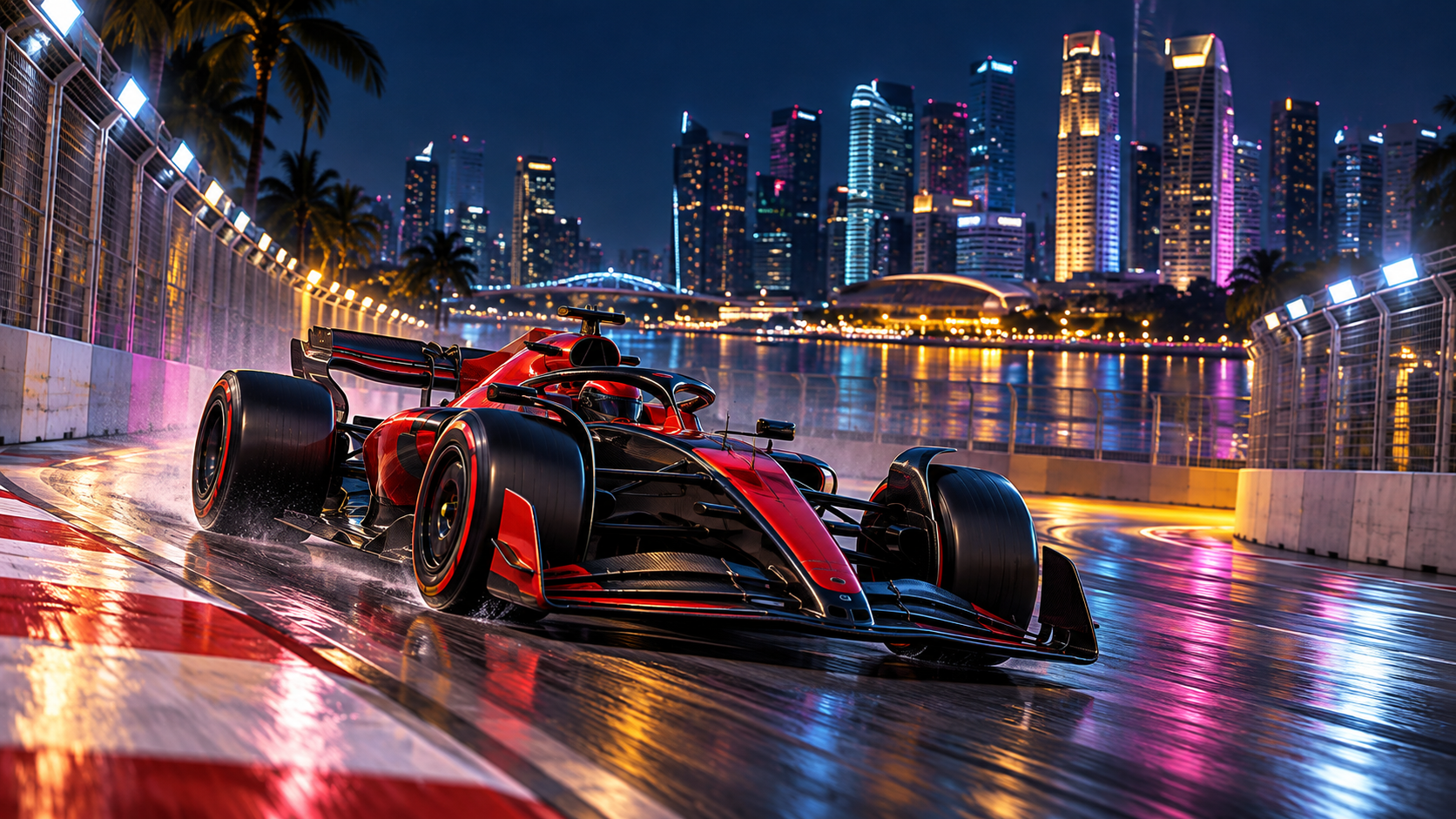 Original editorial illustration of a generic red-and-black Formula 1 car cornering beneath Singapore city lights at night.