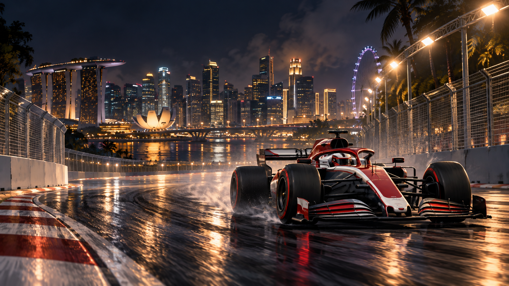 Original editorial illustration of an unbranded open-wheel race car on a floodlit, rain-sheened Singapore street circuit.