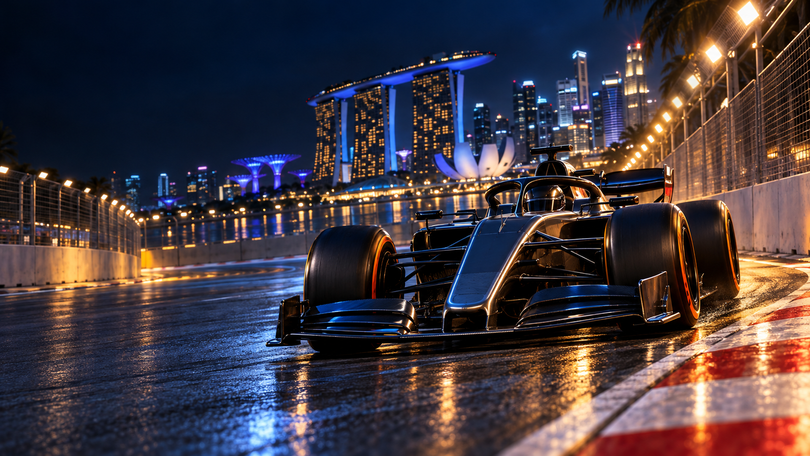 Original GearPulse editorial illustration of a generic Formula 1-inspired car at a floodlit Marina Bay-style street-circuit corner.