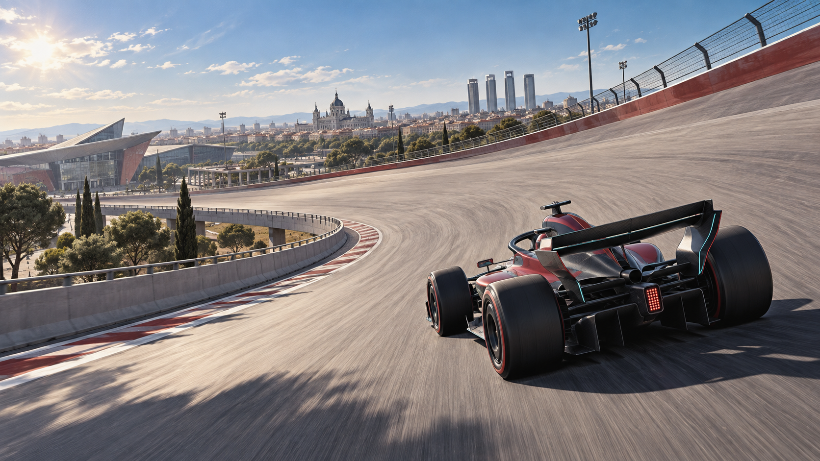 Generated editorial illustration of an unbranded open-wheel car approaching a steeply banked Madrid circuit corner in dry morning light.