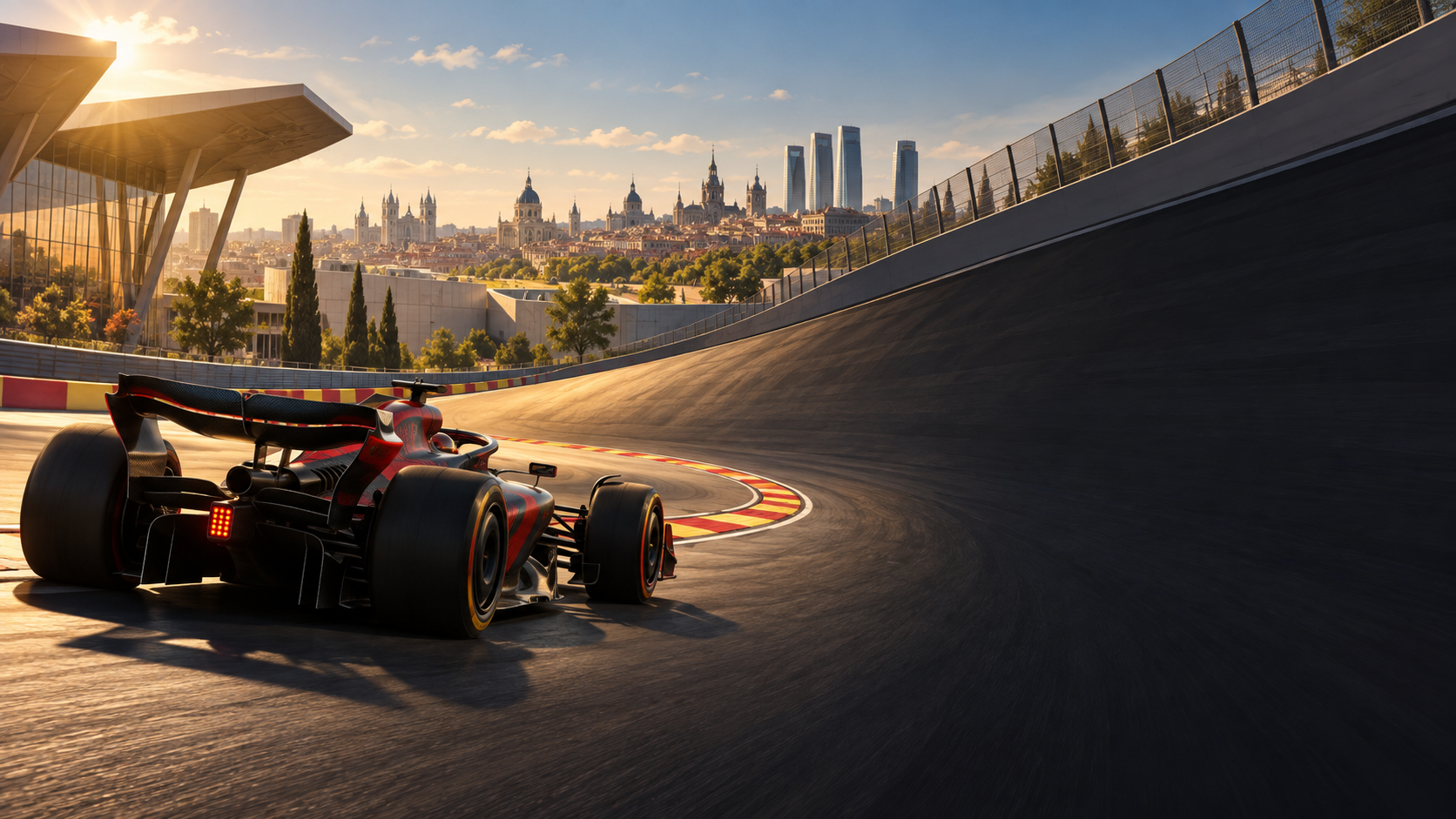 Original editorial illustration of an unbranded open-wheel car entering a steeply banked Madrid circuit corner in late-afternoon sun.
