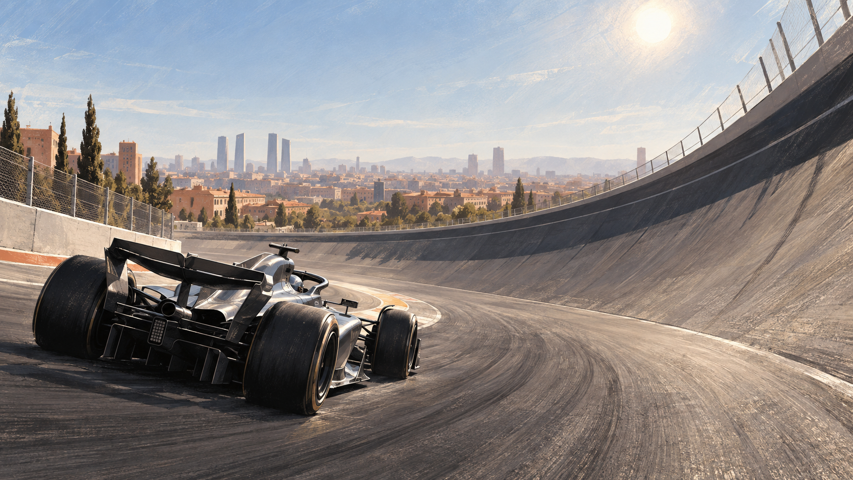 Original editorial illustration of a fictional unbranded open-wheel car entering a steeply banked Madrid circuit corner in bright afternoon sun.