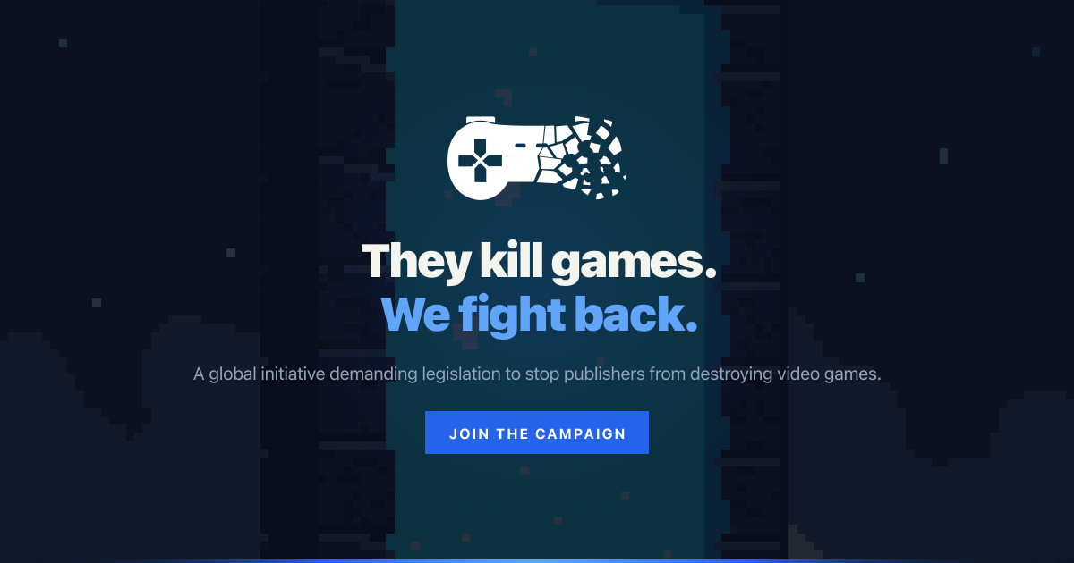 Stop Killing Games official graphic with a broken controller and the campaign slogan.