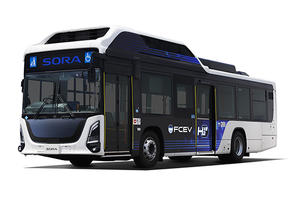 Toyota Sora hydrogen fuel-cell route bus shown from the front three-quarter angle on a white background.