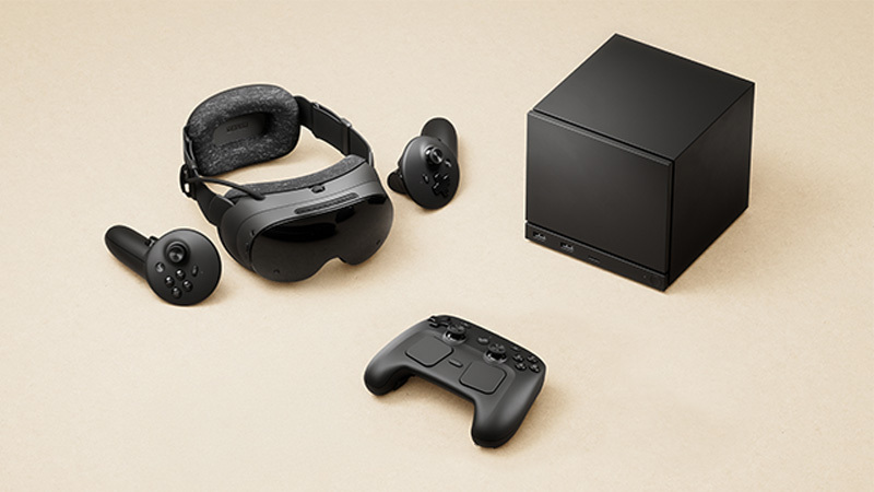 Valve Steam hardware lineup with headset, controllers, controller pad, and Steam Machine box.
