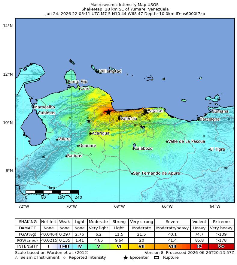 USGS ShakeMap intensity map for the magnitude 7.5 earthquake near Yumare, Venezuela.