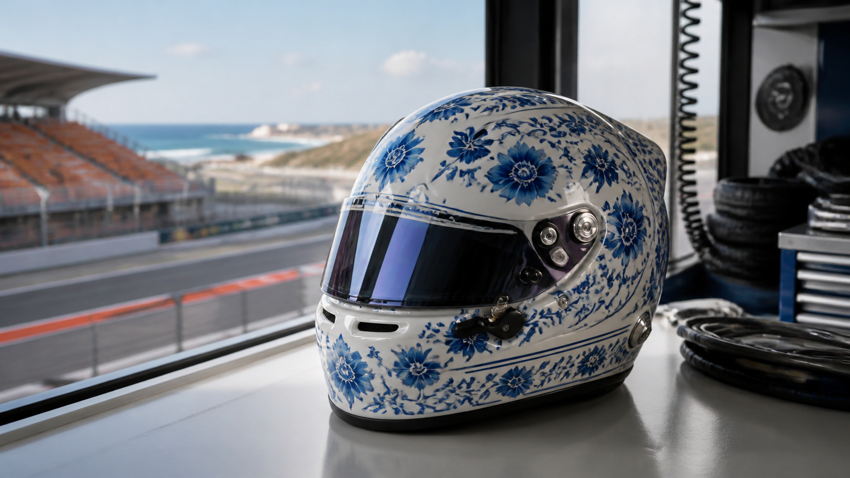 Generated editorial image of a blue-and-white Delft-inspired racing helmet in a seaside circuit garage.