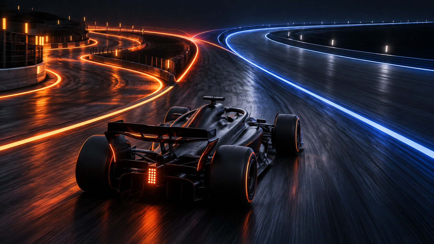 Fictional 3D editorial illustration of an unbranded graphite open-wheel car travelling between amber and cobalt abstract circuit ribbons at night.