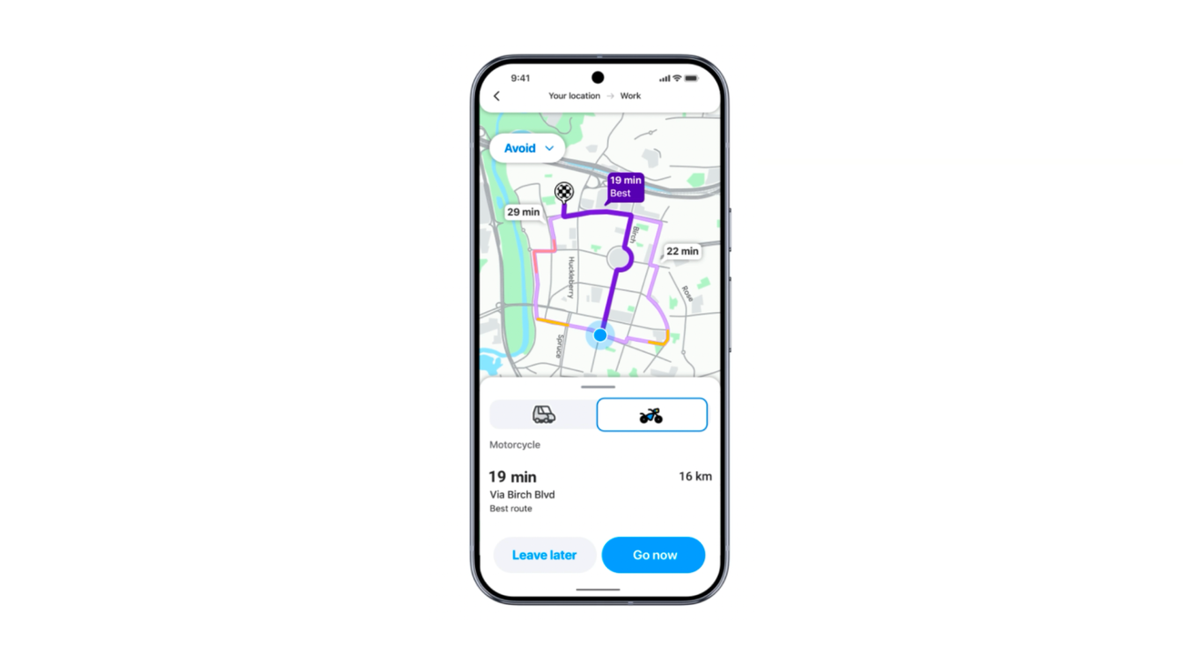 Official Waze illustration showing motorcycle mode on a phone navigation screen.