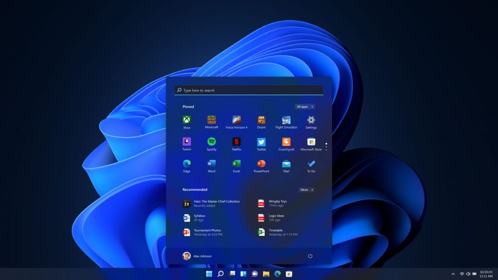 Official Microsoft image showing the Windows 11 Start menu in dark mode.
